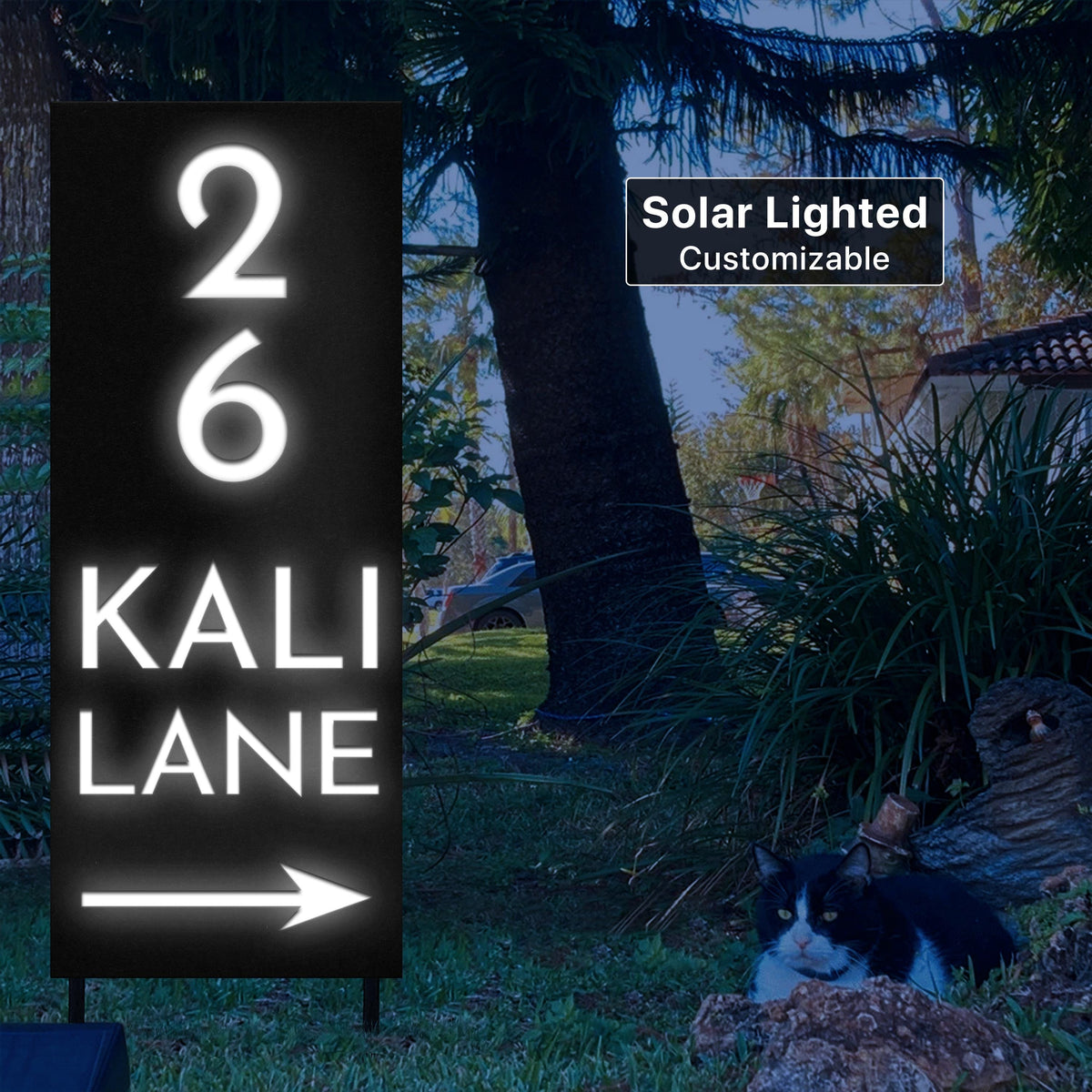 Custom Solar Address Sign with Arrow & Stakes | LED House Number Sign | Electric or Solar | Made in USA