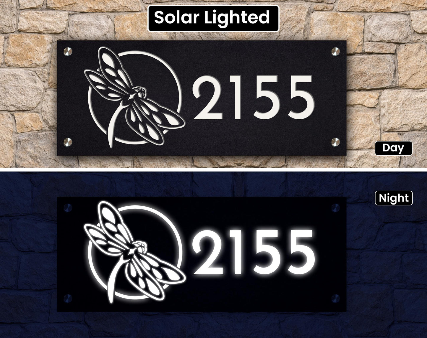 Solar Lighted House Numbers With Dragon Fly: Modern LED Address Sign -  Garden Art