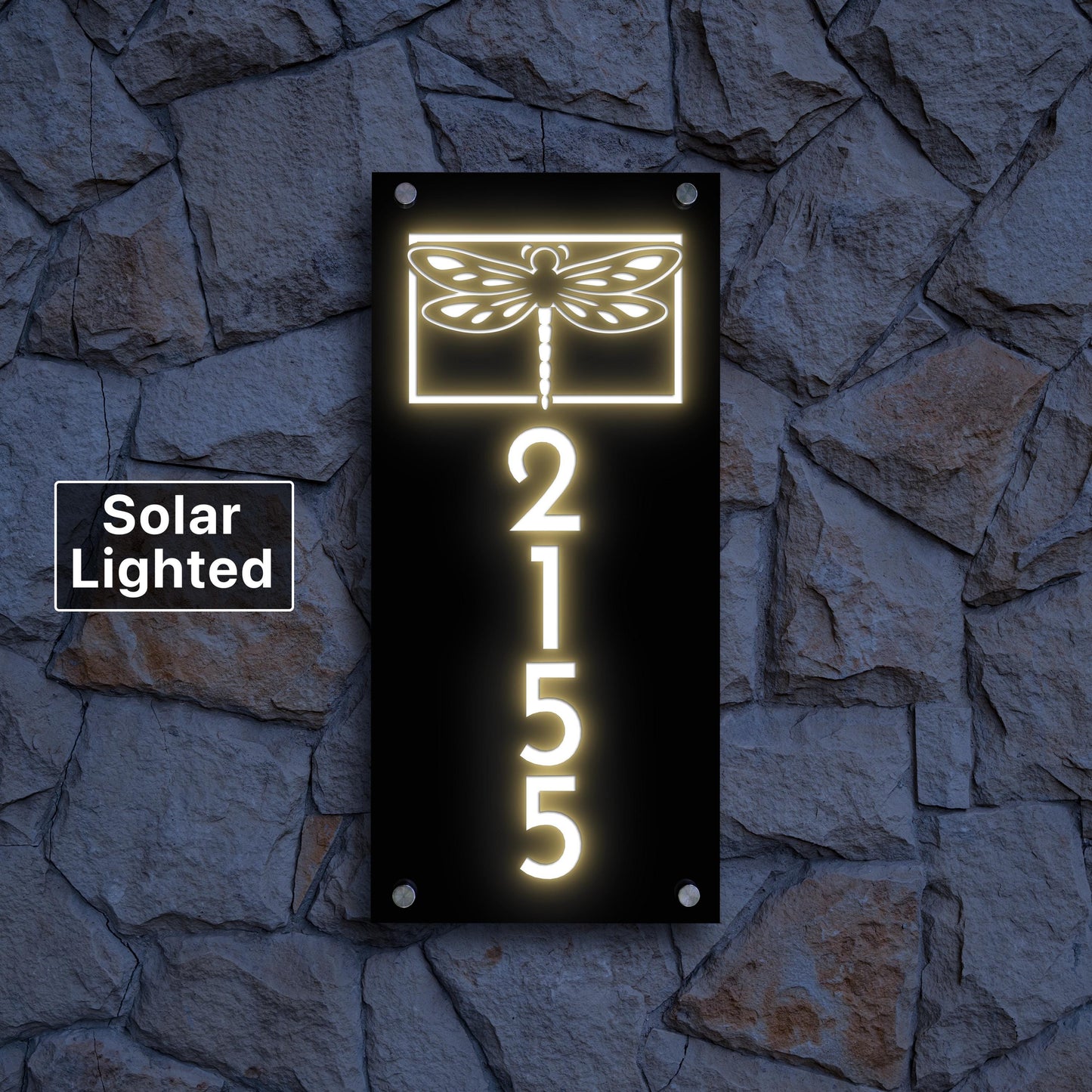 Solar Lighted House Numbers | Dragonfly Address Sign | Modern Illuminated Yard Plaque with LED Lights
