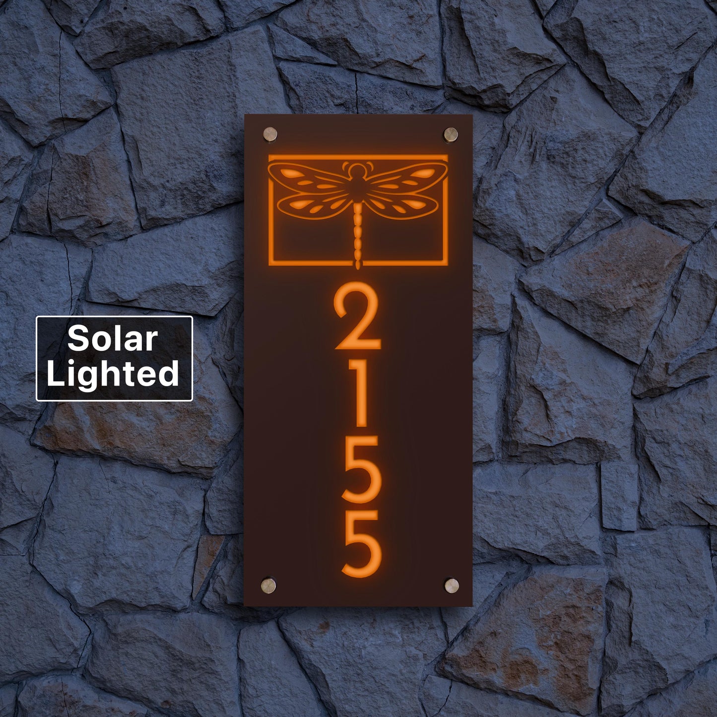 Solar Lighted House Numbers | Dragonfly Address Sign | Modern Illuminated Yard Plaque with LED Lights