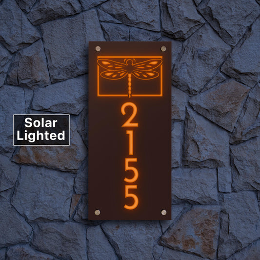 Solar Lighted House Numbers  - Modern illuminated Address Sign - Dragon Fly Address Plaque
