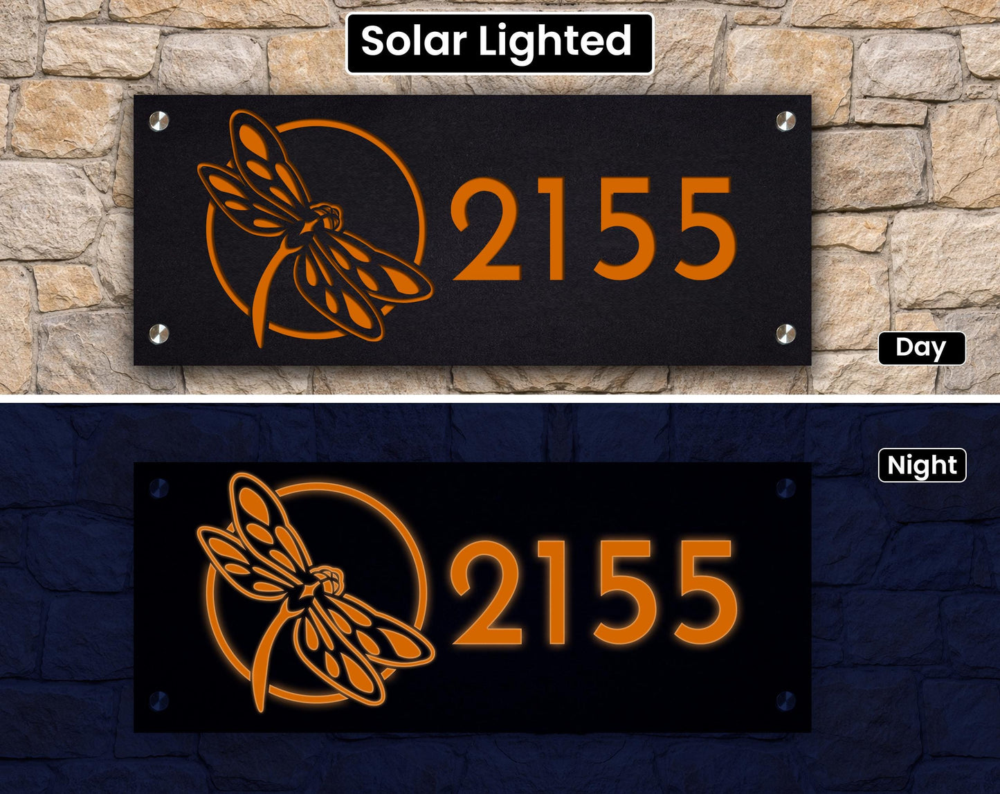 Solar Lighted Address Sign with Dragonfly – Modern House Numbers Plaque