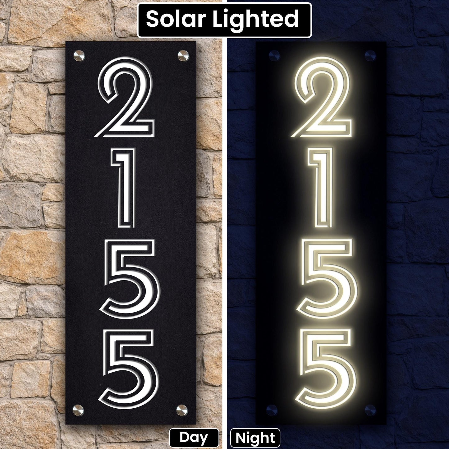 Solar Lighted House Numbers | Modern Illuminated Address Sign | 360° LED Weatherproof Curb Appeal Sign