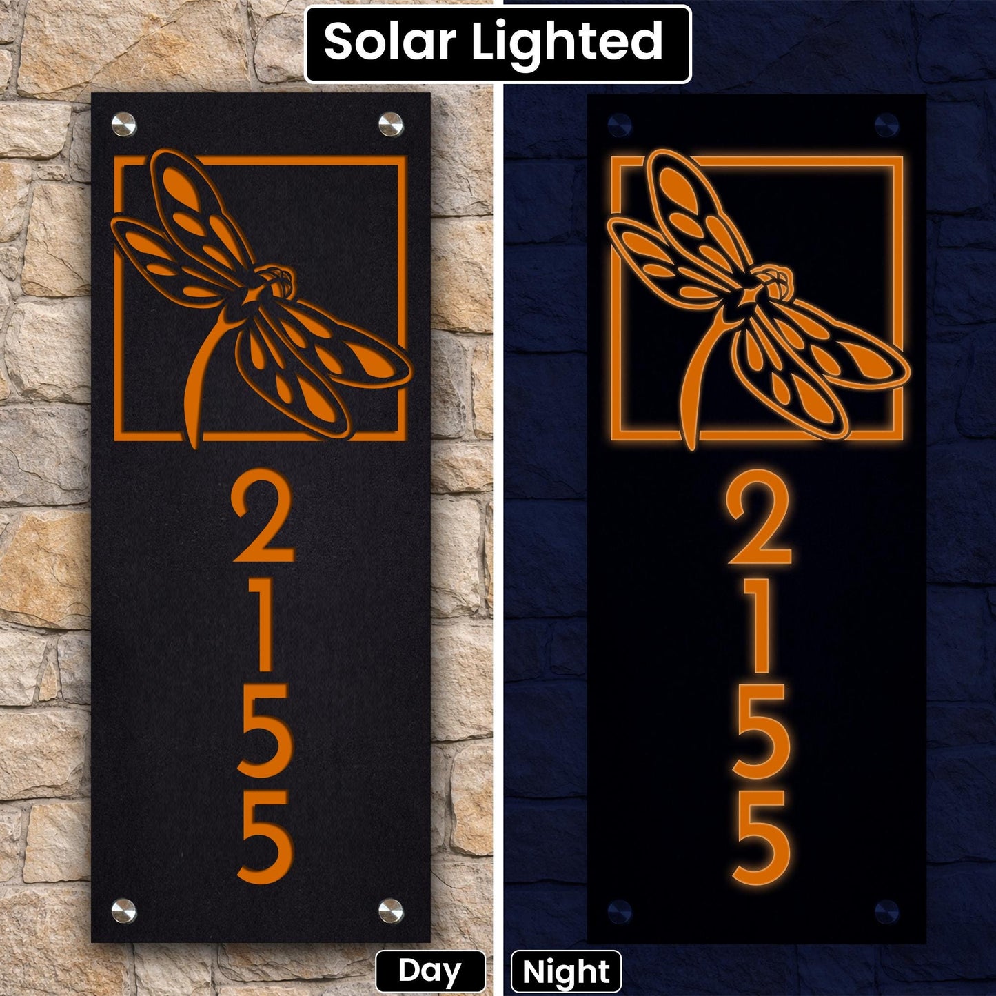 Solar Lighted House Numbers – Dragonfly Address Sign, USA Made Plaque