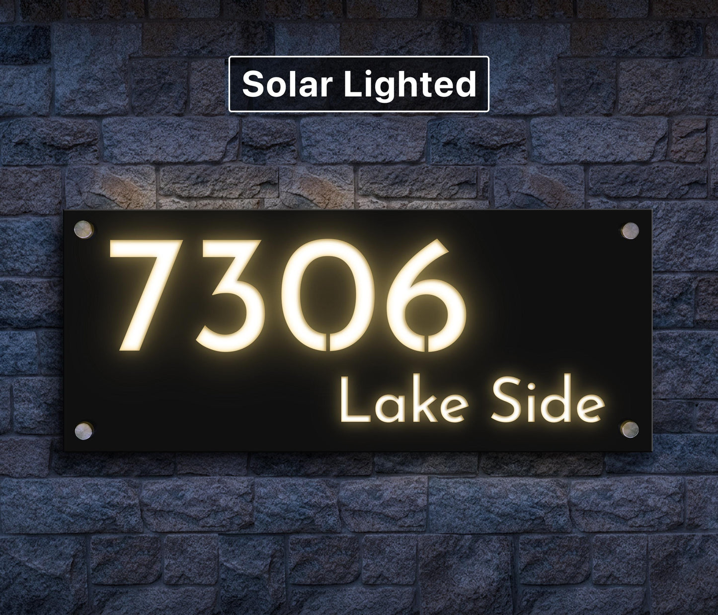 Solar Lighted Address Sign | Modern LED House Numbers | Weatherproof Curb Appeal Sign with Stakes