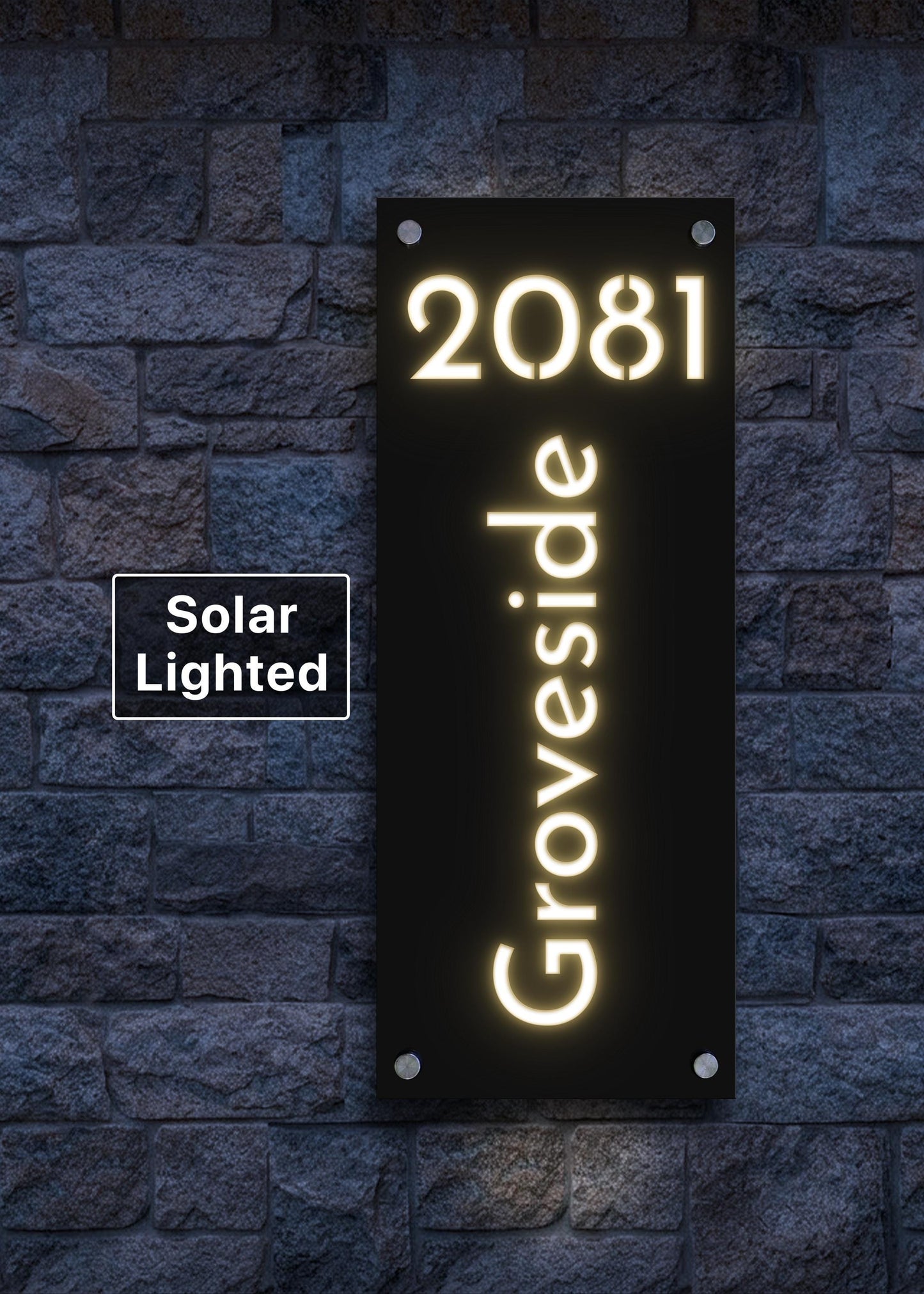 Solar Lighted House Numbers | Modern Illuminated Address Plaque | Outdoor LED Sign | Wall or Ground Mount