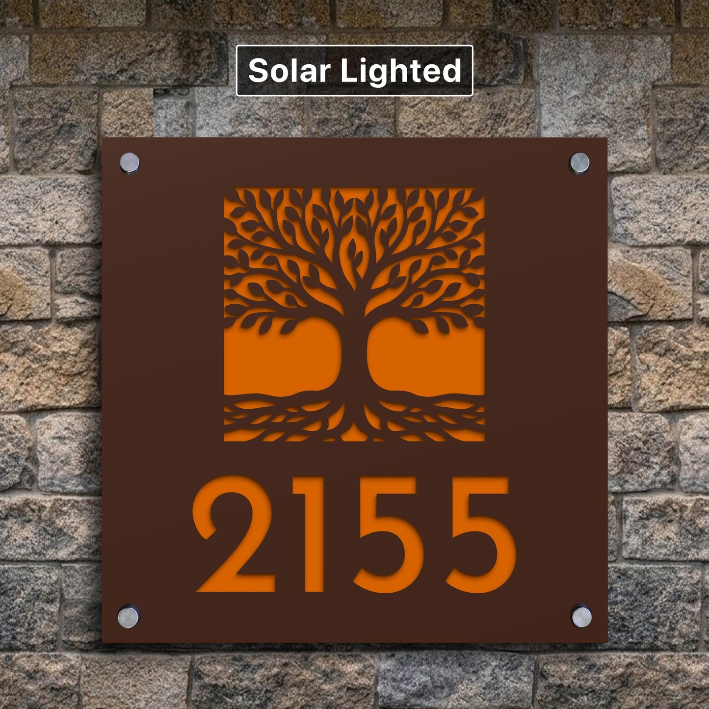 Solar Address Sign with Tree of Life Design | Lighted House Numbers | Weatherproof LED Yard Sign