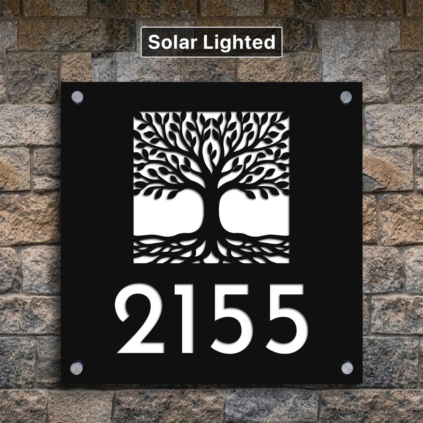 Solar Address Sign with Tree of Life Design | Lighted House Numbers | Weatherproof LED Yard Sign