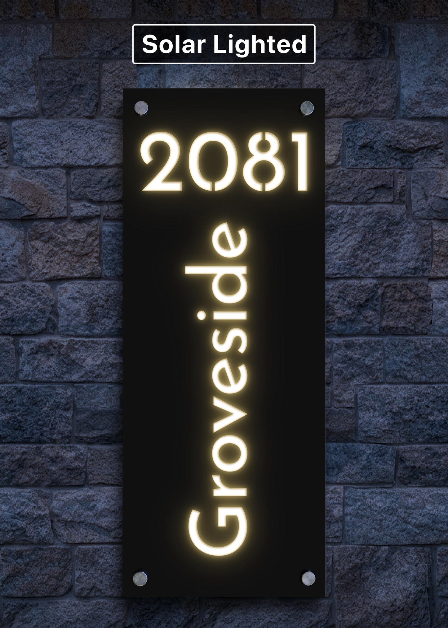 Solar Lighted Address Sign | Modern LED House Numbers | Weatherproof Curb Appeal Sign with Stakes