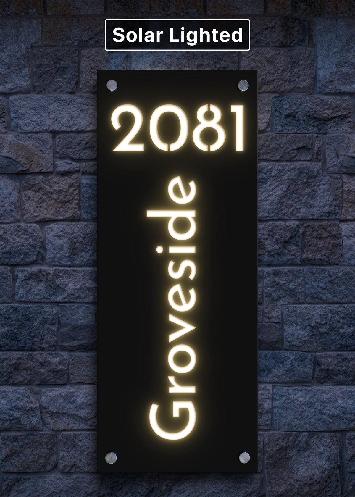 Solar Lighted Address Sign | Modern LED House Numbers | Weatherproof Curb Appeal Sign with Stakes