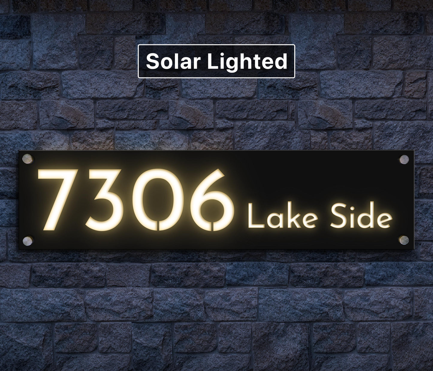 Modern Solar Lighted Address Sign | Illuminated House Numbers | Weatherproof LED Yard Sign with Stakes