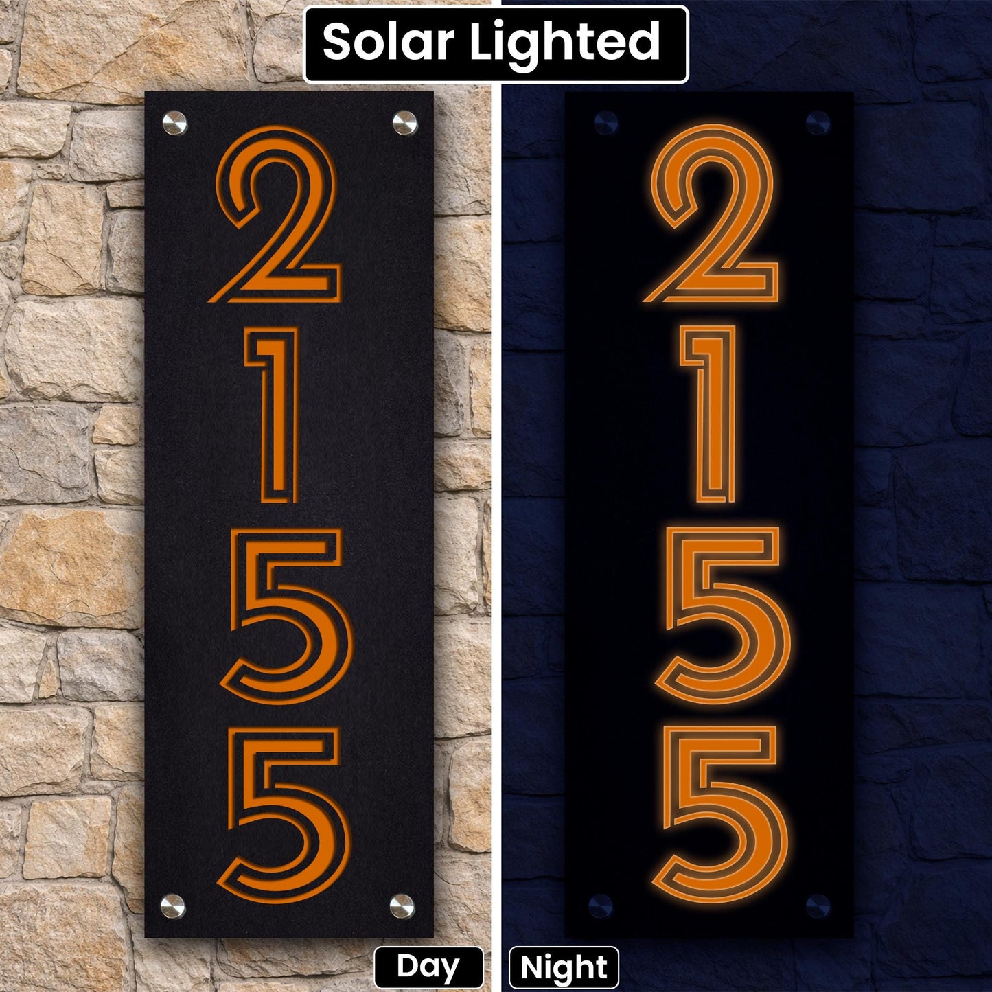 Solar Lighted House Numbers | Modern Illuminated Address Sign | 360° LED Weatherproof Curb Appeal Sign