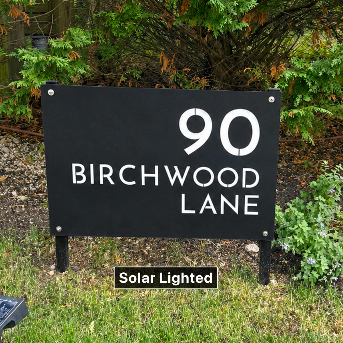 Modern Address Sign with Yard Stakes - Solar Lighted Lawn Sign - House Numbers Post