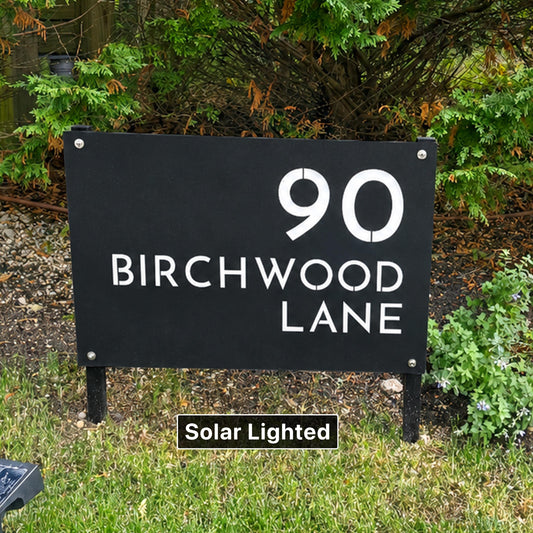 Modern Address Sign with Yard Stakes - Solar Lighted Lawn Sign - House Numbers Post