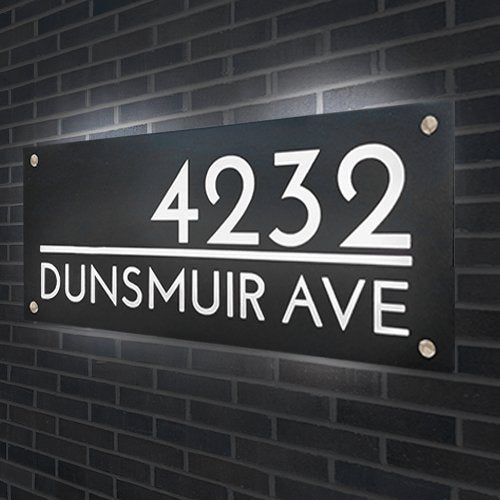 Contemporary/Mid Century Modern Custom Lighted House Number Sign - A sleek and functional sign made of Stainless Steel, Aluminum, and Acrylic materials. Automatically illuminates at night, available in solar and electric options. Various sizes, finishes, and colors to choose from.