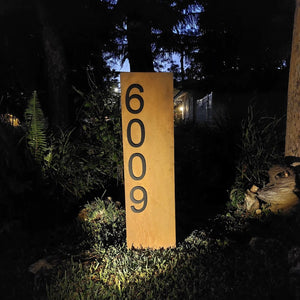 X Large Modern Lawn Address Numbers Sign: 35" x 10", customizable, rusted patina or black design with white numbers, includes solar spotlight, easy installation, crafted for durability.