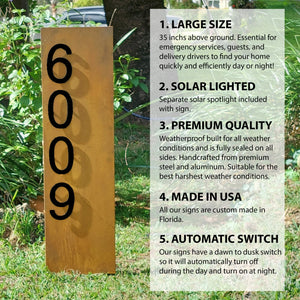 X Large Modern Lawn Address Numbers Sign: 35" x 10", customizable, rusted patina or black design with white numbers, includes solar spotlight, easy installation, crafted for durability.
