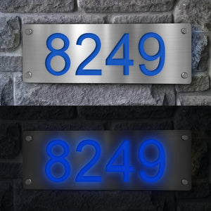 LED Lighted Horizontal House Number Sign in Blue - Illuminated Address Plaque with Stainless Steel Background and Laser Cut Address Numbers. Essential for emergency services, delivery drivers, and guests to locate your home quickly and efficiently. Premium grade materials for durability and elegance.
