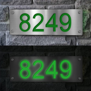 Solar-Powered Green Lighted House Number Sign displaying illuminated house numbers for enhanced visibility.