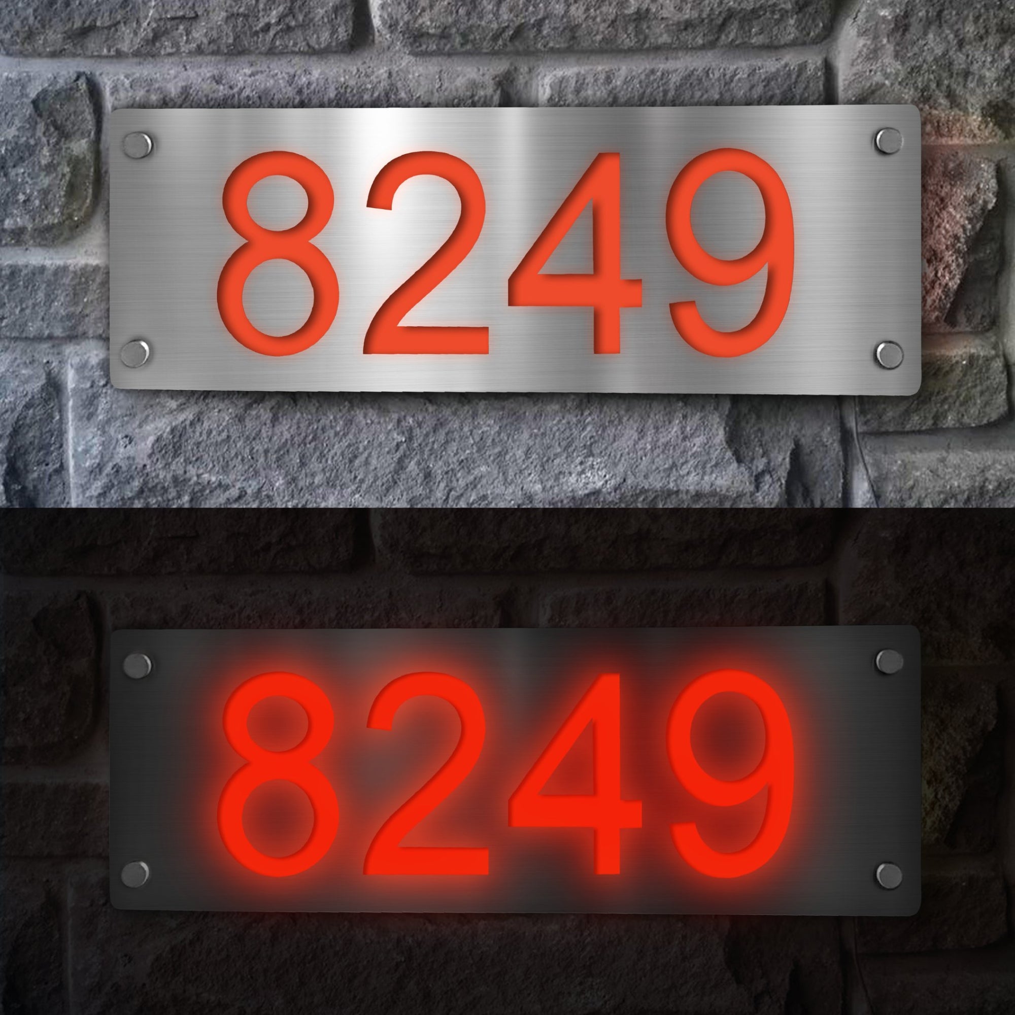 Lighted Horizontal House Number Sign in Vibrant ORANGE - Stainless Steel with Premium Address Numbers Cutout. Essential for quick and efficient home location by emergency services, delivery drivers, and guests.