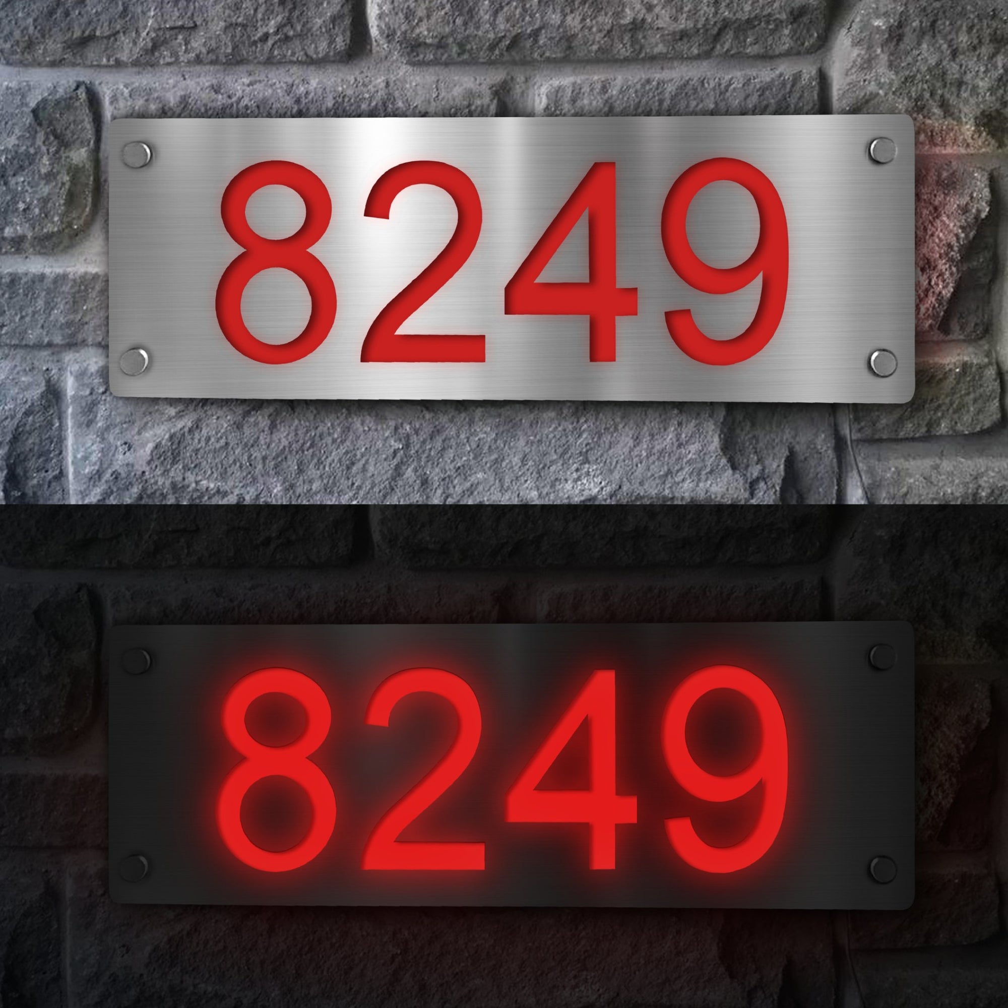 Solar-Powered Red Modern LED Lighted Home Address Sign - A stainless steel address plate with laser-cut numbers for easy home identification. Essential for emergencies, deliveries, and guests.
