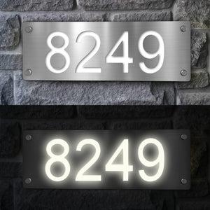 Modern LED Home Address Sign - Durable stainless steel, aluminum, and acrylic construction. Electric/solar options, multiple sizes, super-bright LEDs. Easy installation. Made in the USA. Customizable. Not eligible for returns.