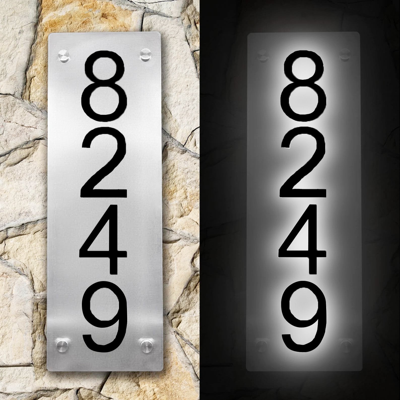 Solar House Numbers Sign - Illuminated address sign with customizable options, metal front plate, and weather-resistant design. Handcrafted in the USA, available in various sizes. Versatile installation options. Quality assurance with a 1-year warranty.