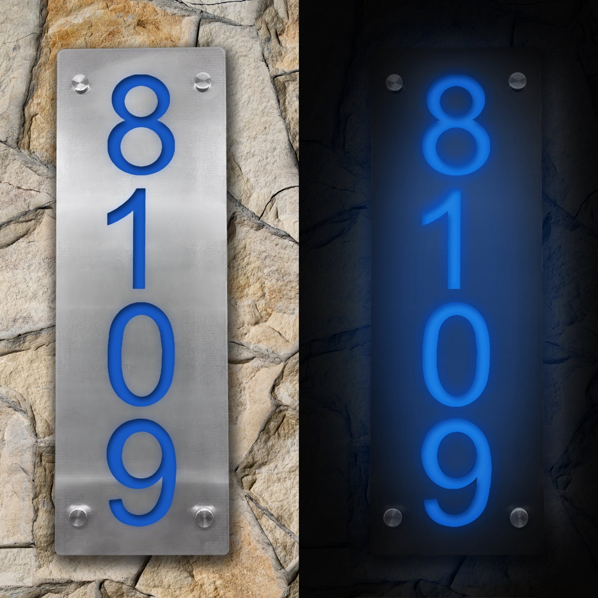 Vertical illuminated house address number in blue color, featuring solar and electric power options. Energy-efficient outdoor sign for easy identification of your home.