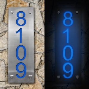 Vertical illuminated house address number in blue color, featuring solar and electric power options. Energy-efficient outdoor sign for easy identification of your home.