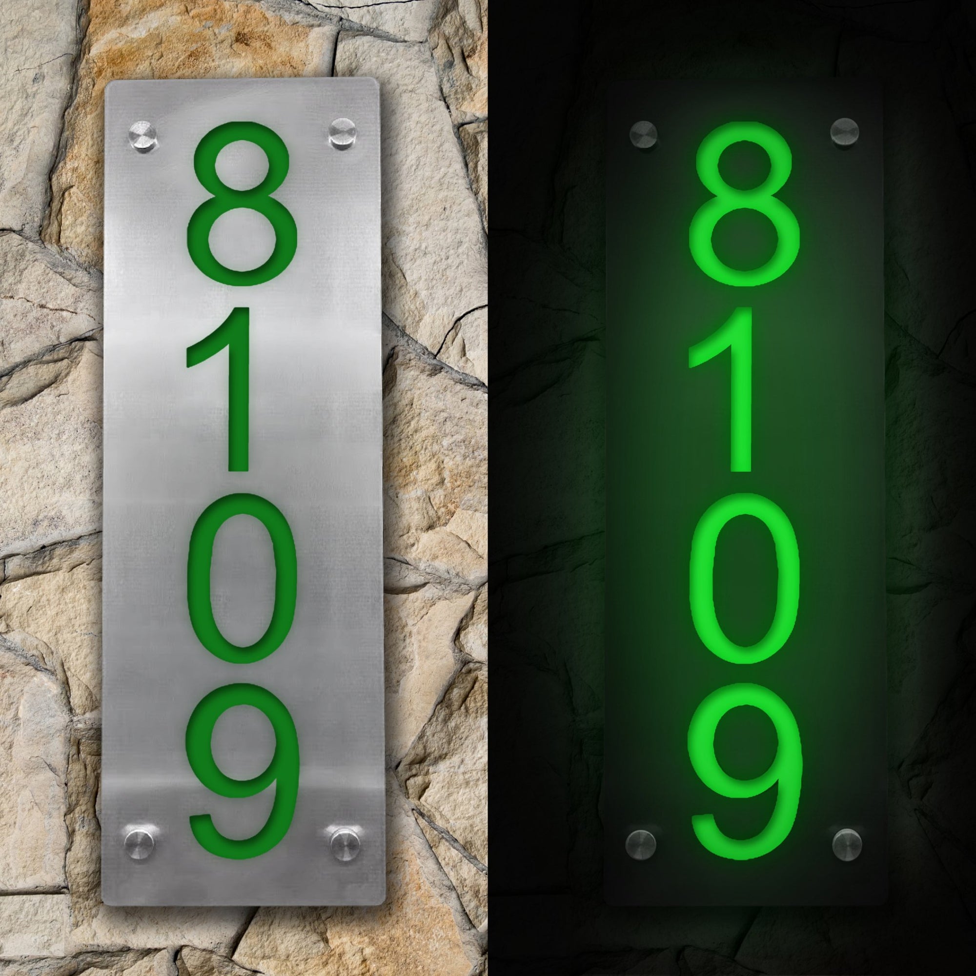 Vertical illuminated house address number in green color, featuring solar and electric power options. Energy-efficient outdoor sign for easy identification of your home.