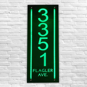 Stylish Vertical Lighted Address Sign with Electric/Solar Options, Customizable Sizes, and LED Illumination. Durable, Easy Installation. 1-year warranty. Made in Fort Lauderdale, FL.